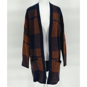 American‎ Eagle Plaid Open Front Cardigan Womens S Navy Brown Pockets Like New